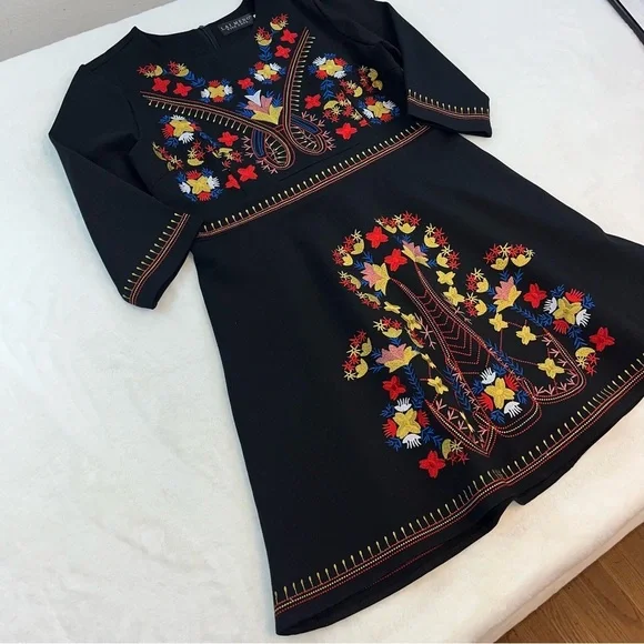 Lai Meng Five Cats Embroidered Floral Folk art Mini Dress Black Size XL NWT - Picture 4 of 14